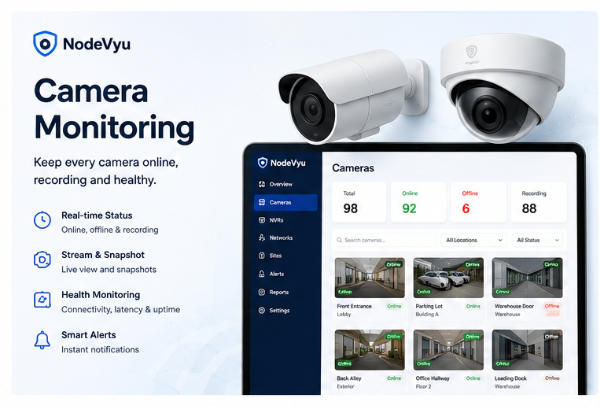NodeVyu Camera Monitoring overview showing camera health, online and offline status, stream snapshots and smart alerts