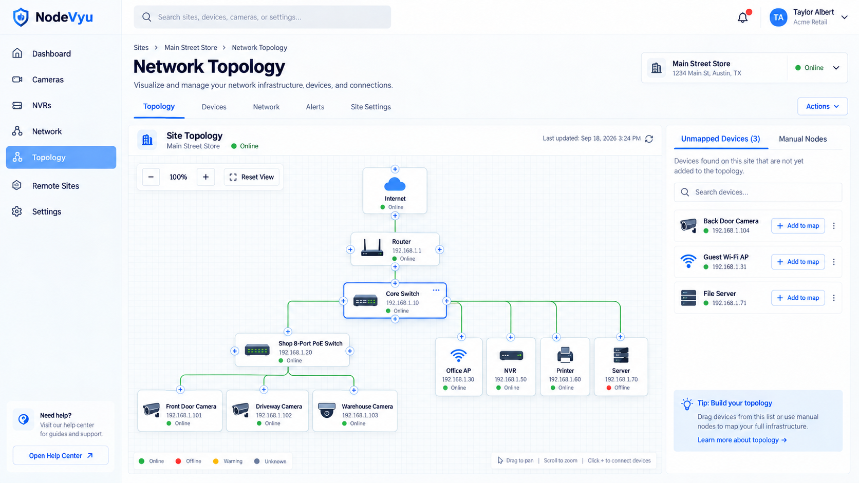 NodeVyu network topology workspace showing linked site devices, zoom controls and unmapped devices