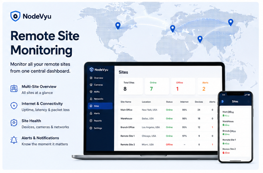 NodeVyu Remote Site Monitoring overview showing multi-site health, connectivity, site status and alerts
